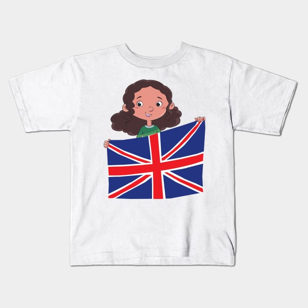 girl holding a large spread British flag Kids T-Shirt by duxpavlic